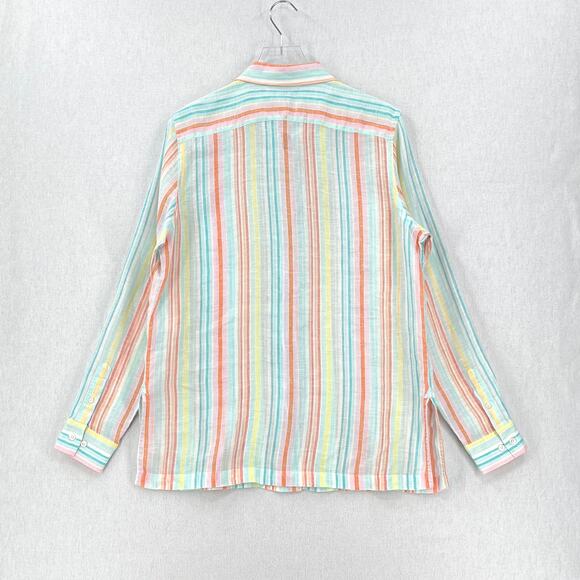 FACONNABLE Linen Button up Shirt Womens XL White Aqua Orange Striped Long Sleeve - Picture 3 of 12